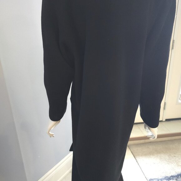 Long Black Wool Coat with Leather Lapels& Tri Burgundy Buttons – Double-Breaste - Picture 5 of 5